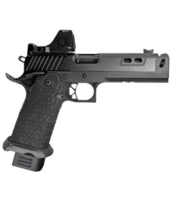 Side view of a black semi-automatic pistol with a textured grip, red-dot sight, and extended magazine baseplate.