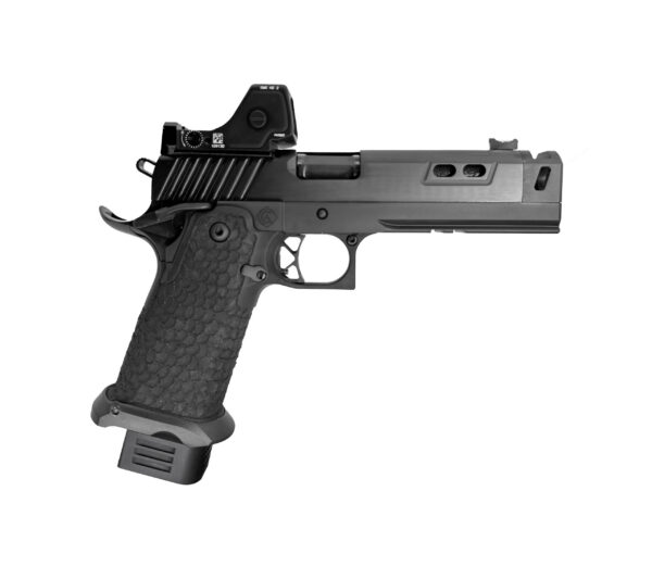 Side view of a black semi-automatic pistol with a textured grip, red-dot sight, and extended magazine baseplate.