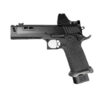 Side view of a black semi-automatic pistol with textured grip, red-dot sight on top, and a protruding magazine.