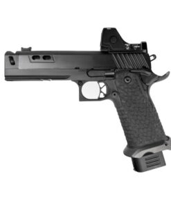 Side view of a black semi-automatic pistol with textured grip, red-dot sight on top, and a protruding magazine.
